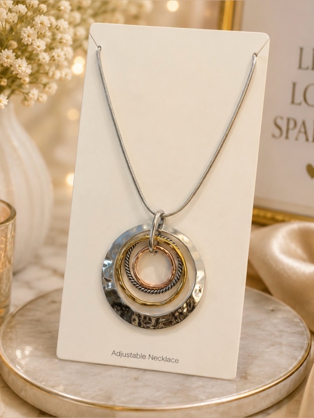 Tri-Tone Hammered Circle Pendant Necklace - Adjustable